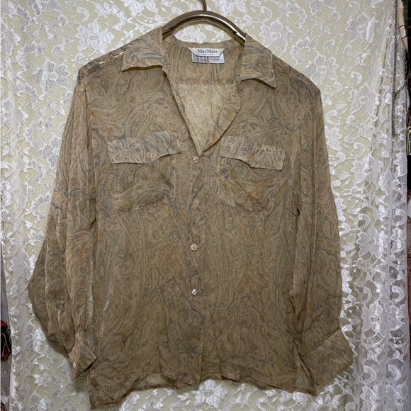 MaxMara vintage women’s paisley Patterned cream blue button down silk Shirt - Picture 1 of 13